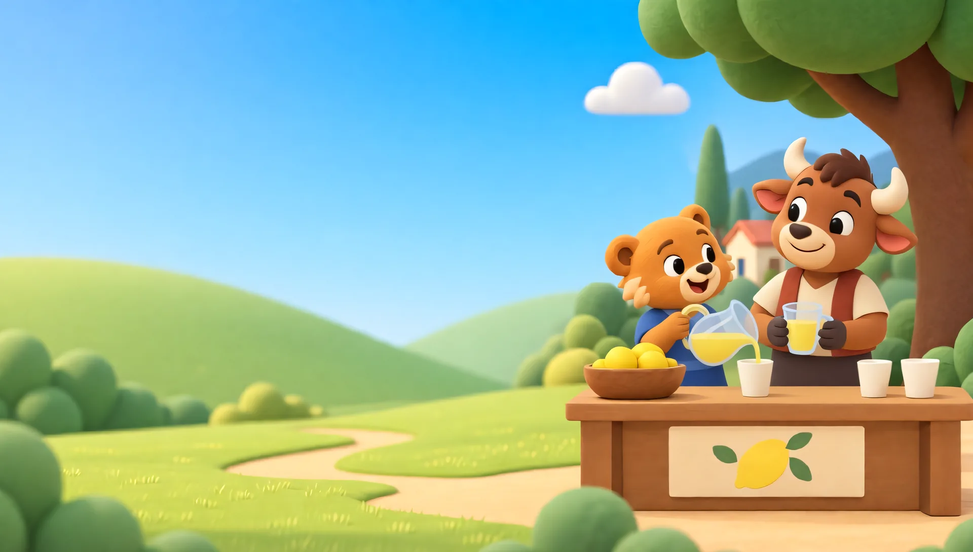 Young Zen, a golden bear cub, pours lemonade into a cup while young Dhandho, a brown bull calf, holds up a full glass at their lemonade stand under a big tree.
