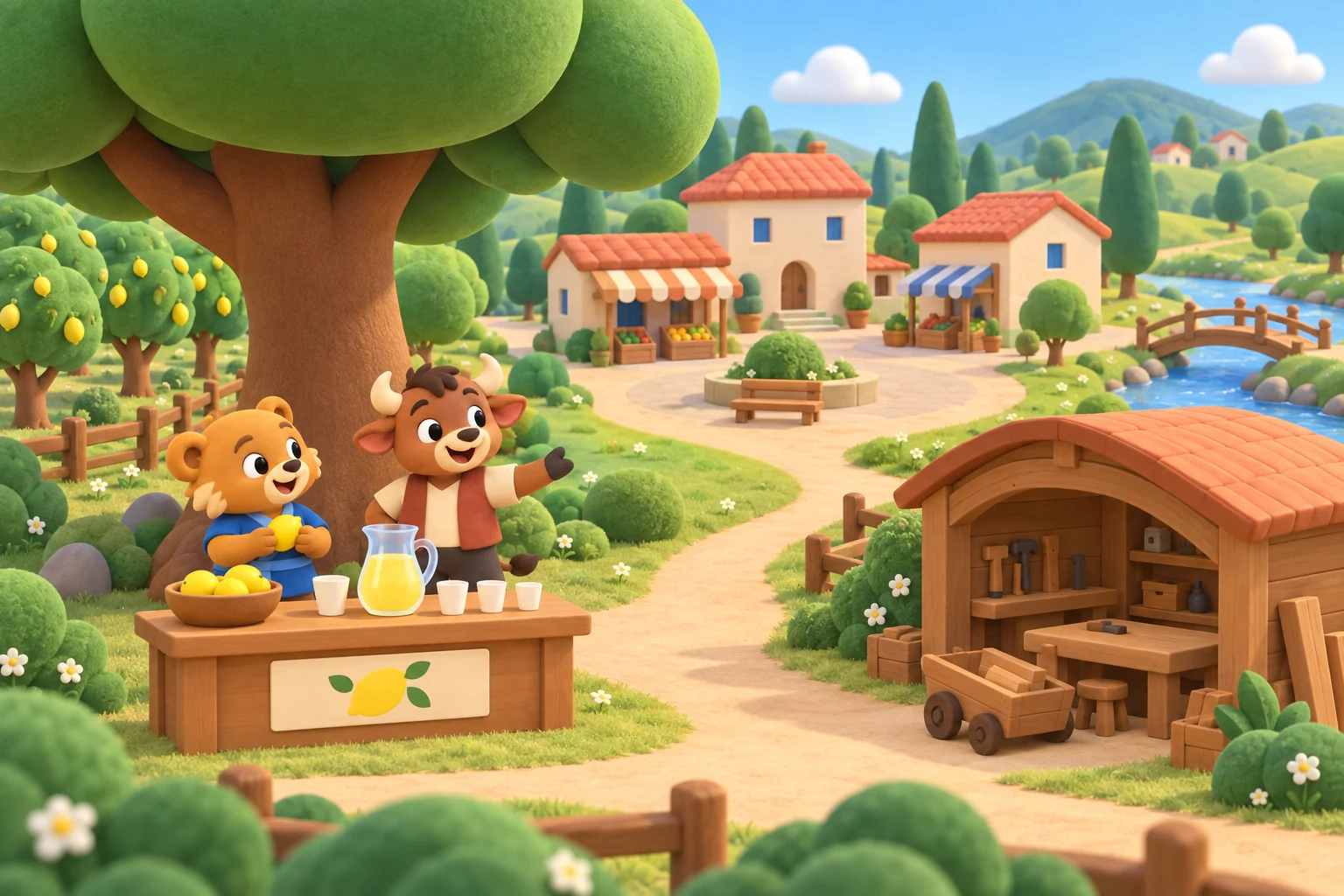 The village by the Big Tree: Zen and Dhandho at their lemonade stand, with the lemon grove, the making shed, the square and the stream.