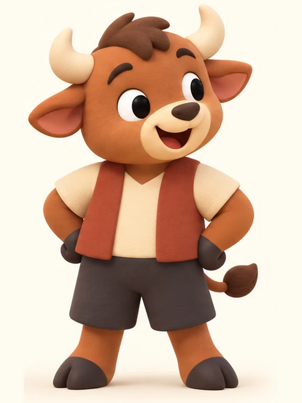 Young Dhandho, a cheerful brown bull calf with small horns, in a rust vest.