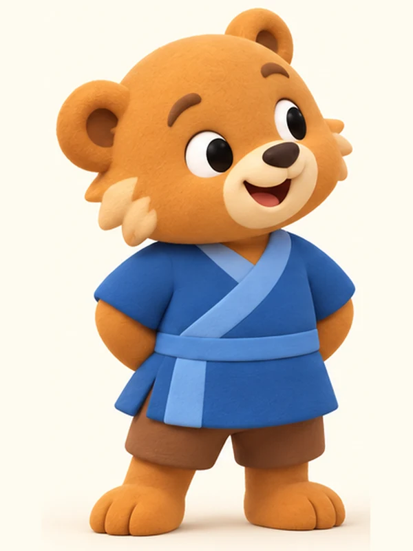 Young Zen, a smiling golden bear cub in a blue wrap top.