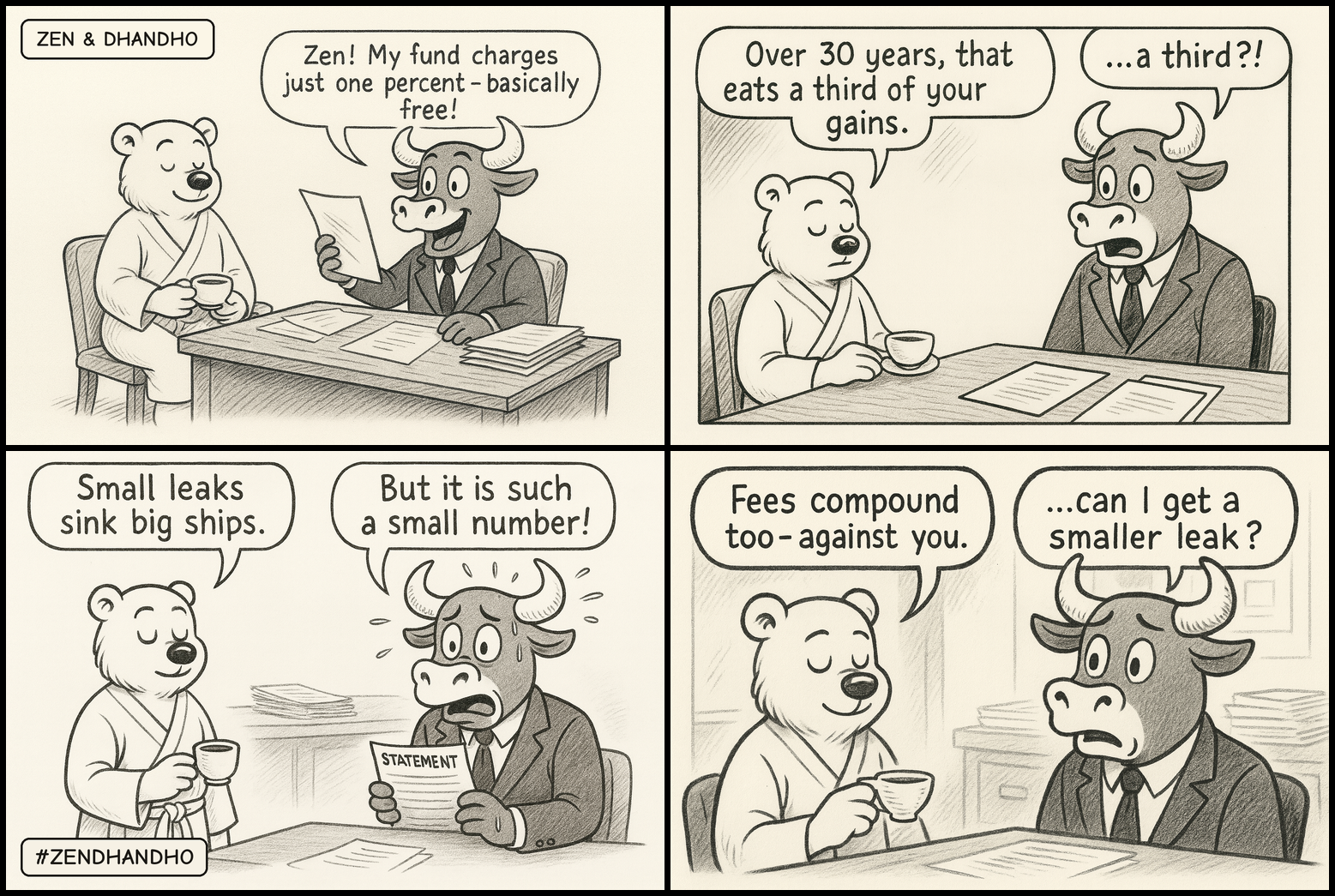 Zen and Dhandho comic strip: Dhandho the bull brags his fund only charges one percent, basically free. Zen the bear says over 30 years that eats a third of your gains; Dhandho gasps a third. Dhandho says but it is such a small number and Zen replies small leaks sink big ships. Zen says fees compound too, against you, and Dhandho asks if he can get a smaller leak.