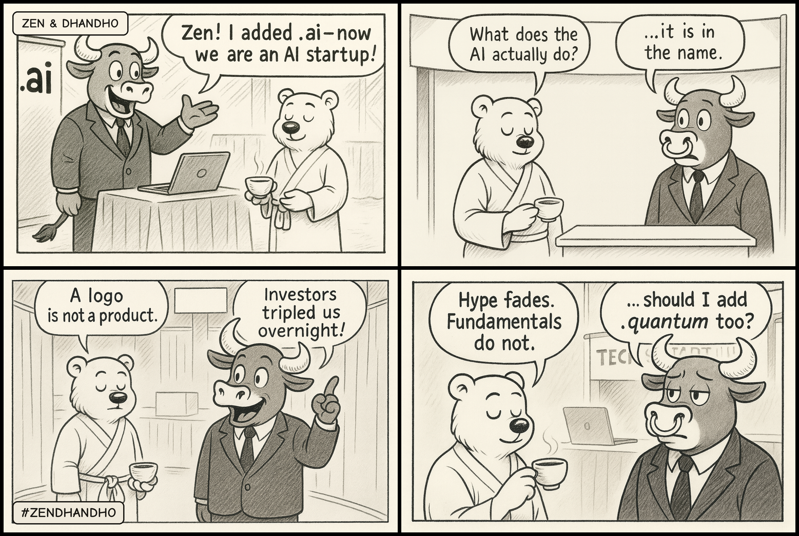 Zen and Dhandho comic strip: Dhandho the bull says he added .ai to his company name so now they are an AI startup. Zen the bear asks what the AI actually does; Dhandho says it is in the name. Dhandho brags investors tripled them overnight and Zen replies a logo is not a product. Zen says hype fades, fundamentals do not, and Dhandho asks if he should add .quantum too.