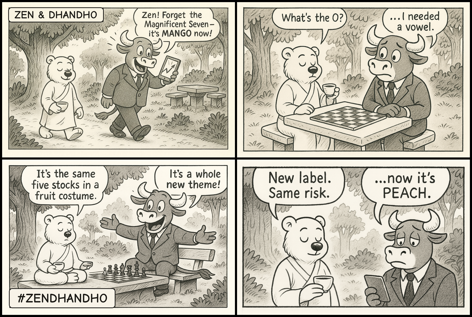 Zen and Dhandho comic strip: Dhandho the bull tells Zen the bear to forget the Magnificent Seven because it is MANGO now. Zen asks what the O stands for and Dhandho admits he needed a vowel. Dhandho calls it a whole new theme; Zen says it is the same five stocks in a fruit costume. Zen concludes new label, same risk, as Dhandho mutters now it is PEACH.