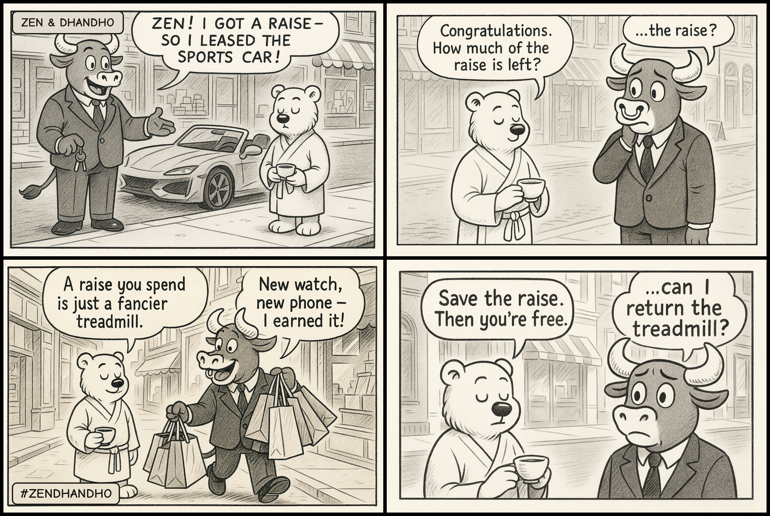 Zen and Dhandho comic strip: Dhandho the bull announces he got a raise so he leased a sports car. Zen the bear calmly asks how much of the raise is left; Dhandho sheepishly replies the raise? Buried in shopping bags, Dhandho brags new watch, new phone, I earned it, and Zen says a raise you spend is just a fancier treadmill. Zen concludes save the raise, then you're free, as Dhandho mutters can I return the treadmill.