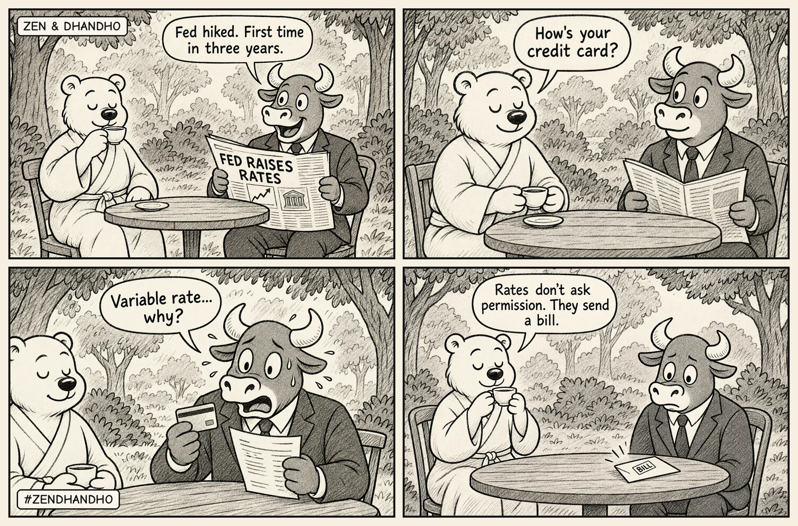 Zen and Dhandho comic strip at a park cafe table: Dhandho the bull reads a newspaper headlined Fed Raises Rates and says Fed hiked, first time in three years. Zen the bear, sipping tea, asks how's your credit card? Dhandho, sweating over a card and a statement, says variable rate... why? Zen sips tea as an envelope marked BILL lands in front of Dhandho and says rates don't ask permission, they send a bill.