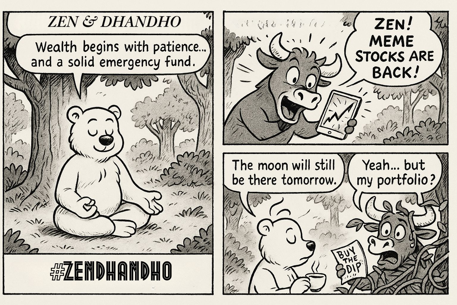 Zen & Dhandho comic strip: Zen meditates in a clearing while Dhandho bursts in shouting about meme stocks. Zen calmly replies that the moon will still be there tomorrow. Dhandho panics holding a BUY THE DIP sign.