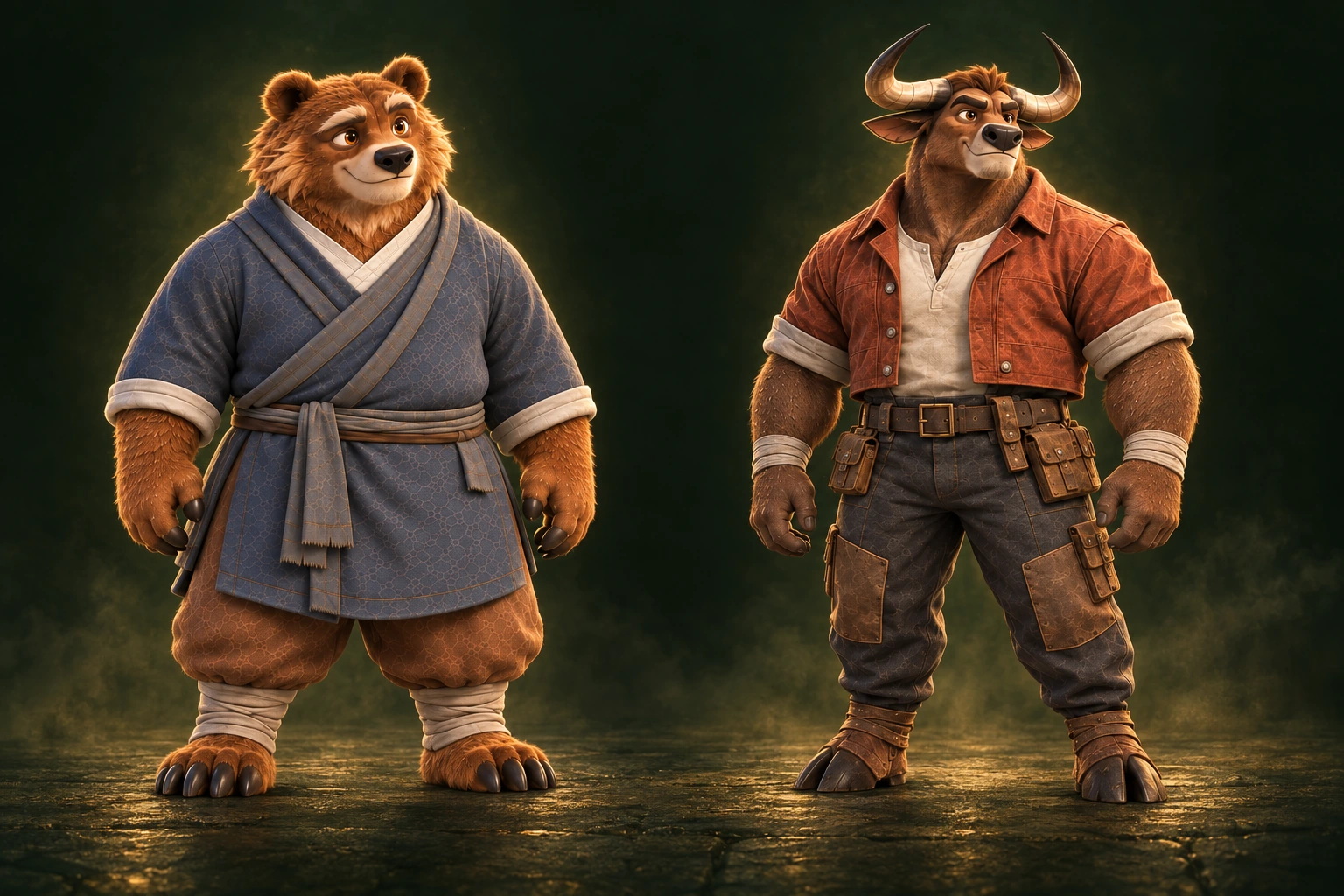 Zen, the golden bear in his blue wrap robe, and Dhandho, the horned bull builder, together in warm temple light
